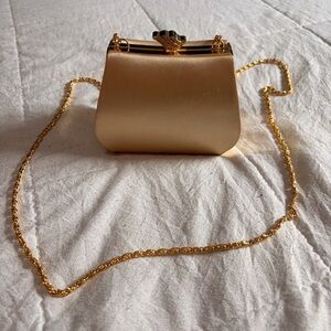 Jessica McClintock Gold Satin Evening Bag Rhinestone Clasp Chain